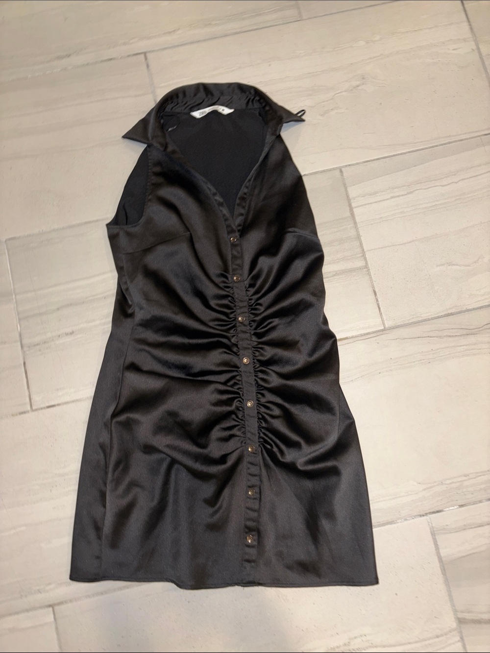 Zara Sleeveless Black Ruched Front Collared Shirt Dress